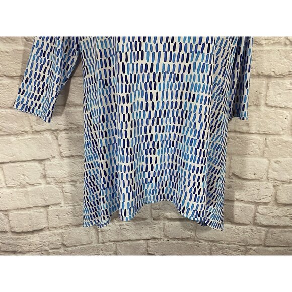 Clara Sun Woo Tunic Top Scoop Keyhole Neck 3/4 Sleeve Blue Printed Stretchy M - Picture 4 of 7